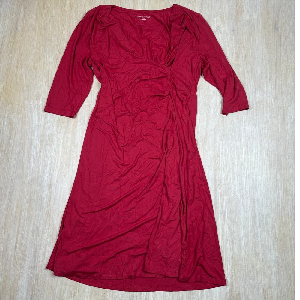 Soft Surroundings Red Faux Wrap Surplice Midi Dress Stretch Casual Ruched XL